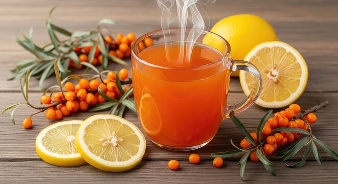 Steam rises from a mug of vibrant sea buckthorn tea placed near fresh orange berries on branches and yellow lemon slices on a rustic surface, fresh, healthy, sea buckthorn
