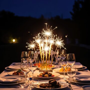 Sparkling sparklers illuminate a festively set dinner table outdoors at night, surrounded by wine glasses, plates, and a warm atmosphere, elegance, event, blur