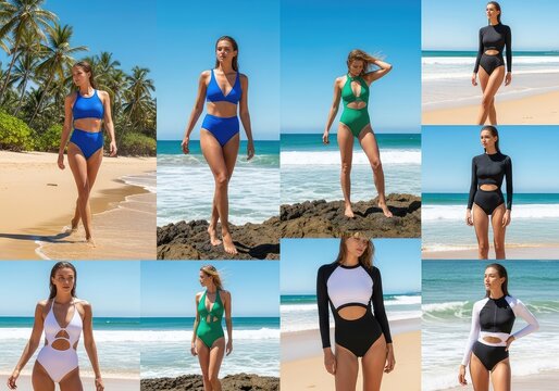 Stylish swimwear is featured in various poses on sunny coastal scenery with golden sand and blue ocean waves during a tropical adventure, style, stock, summer