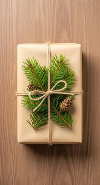 Sustainable holiday present wrapped in recycled kraft paper tied with jute twine and decorated with fresh green pine sprigs on wood, biodegradable, texture, sustainable