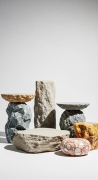 Textured rock podium and natural stone pedestals arranged in a minimalist studio setting with soft lighting for elegant product displays, space, granite, light