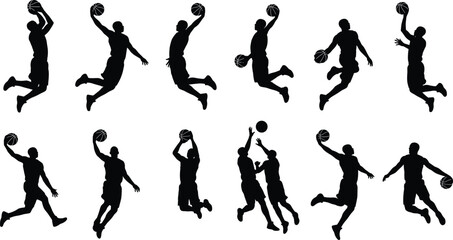 Collection of dynamic male basketball player silhouettes jumping and slam dunking isolated on white background © boishakhisarker