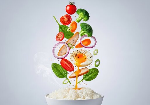 Vibrant fresh vegetables and savory toppings hover mid-air above a steaming bowl of fluffy white rice, creating a dynamic culinary explosion, vertical, vegetables, studio