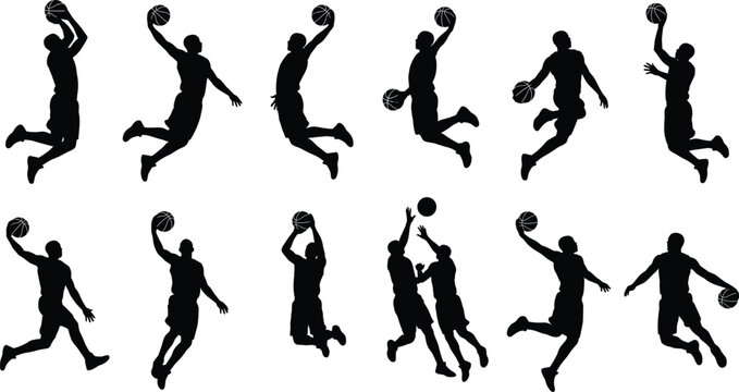 Collection of dynamic male basketball player silhouettes jumping and slam dunking isolated on white background