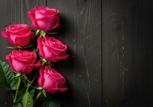 Vibrant hot pink roses rest elegantly on a rustic dark wood surface, showcasing natural textures and romantic floral beauty in a flat lay, organic, flora, magenta
