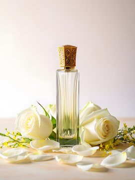 Elegant perfume bottle with white roses and petals on a table