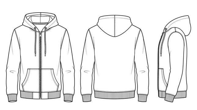 Zip-up hoodie apparel technical drawing blueprint with front back and side  views CAD line art vector illustration