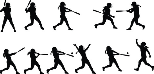 Collection of female softball player silhouettes in dynamic batting action poses isolated on white background © boishakhisarker