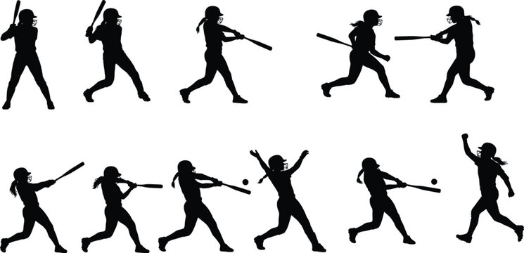 Collection of female softball player silhouettes in dynamic batting action poses isolated on white background