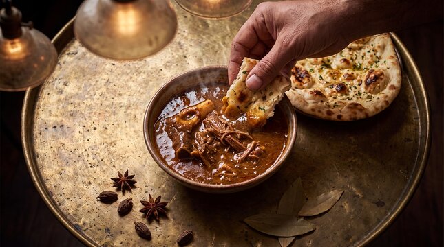 Close-up of a hand dipping naan bread into traditional Pakistani beef nihari stew on a rustic brass table with warm cinematic lighting and scattered spices.