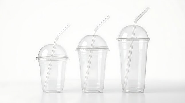 Three different sizes of empty clear plastic cups with dome lids and drinking straws for cold drinks. fountain soda cup