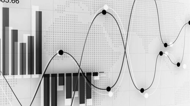 Financial data screen with bar charts and line graphs over a world map background animation