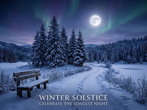 Beautiful winter solstice night scene with snowy forest aurora and full moon lighting up the sky