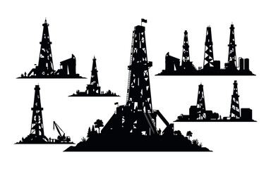 Obraz premium Oil rigs and industrial landscape silhouette against a white background