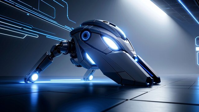 Futuristic quadruped robot drone with glowing blue lights in a cyber lab