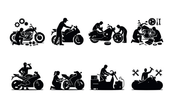 Motorcycle repair and maintenance stages illustration with workers tools and a white silhouette