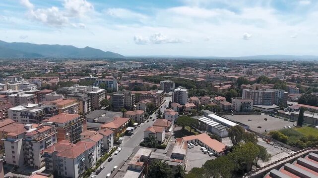 Aerial view of Pisa from ancient city walls, Tuscany. Slow motion