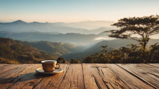 Coffee cup on wooden table with mountain landscape at sunrise