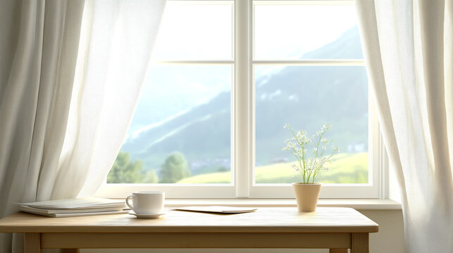 Sunlit Home Workspace with Mountain View and Morning Coffee