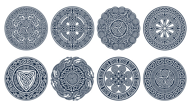 Celtic knot mandala collection, 8 circular viking ornaments with intricate interlaced patterns, ancient nordic shield vector set for tattoo and branding