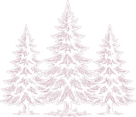 Obraz premium Three pine trees in a line on a white background