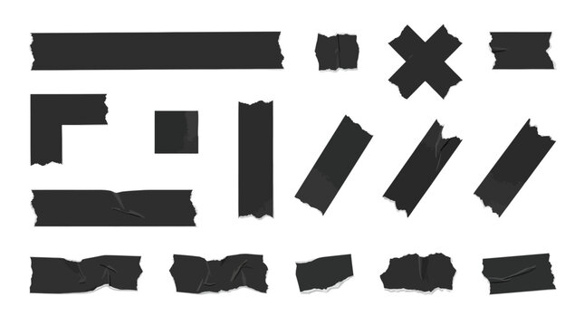 Black duct tape strips and adhesive masking tape pieces, realistic electrical tape set with torn edges, matte gaffer tape vector collection