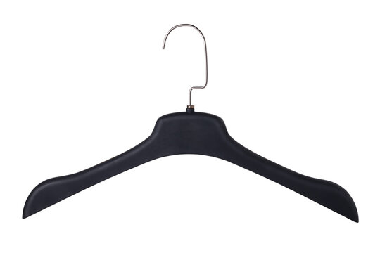 Black plastic clothes hanger with metal hook front view isolated on white background