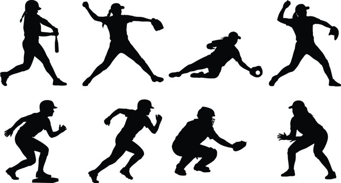 Softball Player Silhouette Collection with Pitching Fielding Catching and Running Vector Set