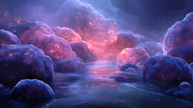 Primordial Chaos Salt Sea Creation Visual From 3000BC Sumerian Civilization, Endless Primordial Brine With Pulsing Texture Floating Star Eggs, Commercial Asset For Exhibition Textbook Film Game
