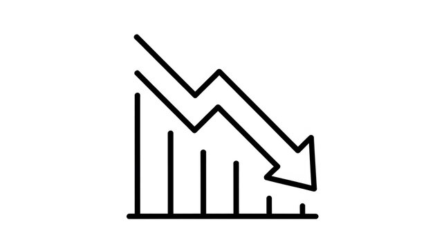 Black and white line icon showing a business financial graph with a downward trend isolated on white background