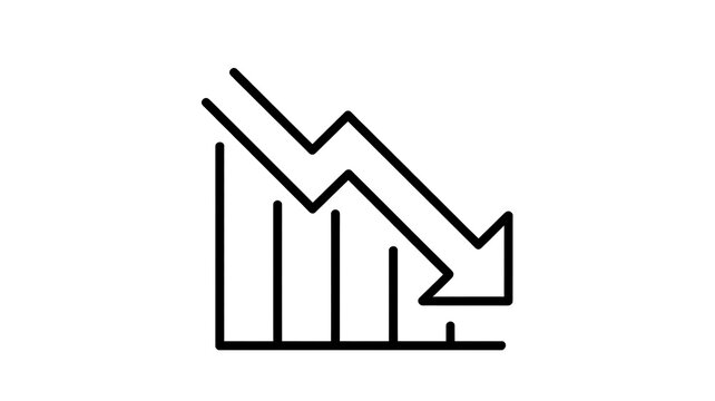 Black and white line icon of a declining bar chart with a downward arrow isolated on white background