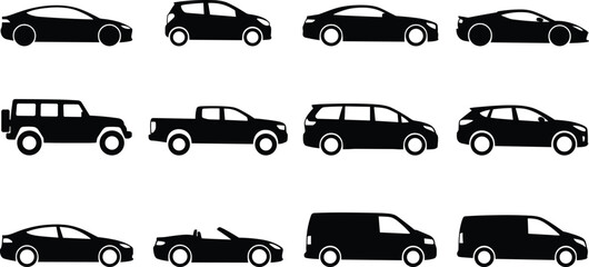 Vehicle Silhouette Collection Featuring Sedan SUV Hatchback Pickup Van and Sports Car Vector Set © boishakhisarker