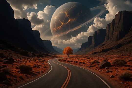 Winding desert road leading towards a giant ringed planet in sci-fi landscape