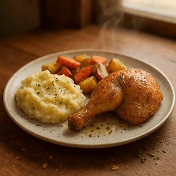 Delicious roasted chicken leg quarters with mashed potatoes and vegetables on a plate