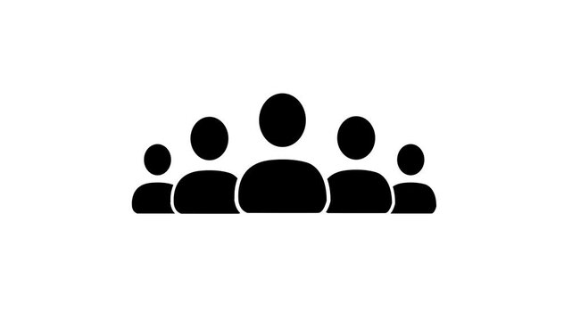A group of white stylized people icons with rounded heads and bodies are animated on a black background Group of five people icon isolated animation on white background