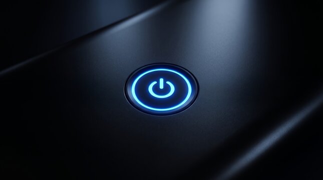 Close-up of illuminated power button on modern electronic device.
