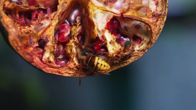 A wasp crawls inside a decaying pomegranate fruit split open on the tree, feeding on the exposed red seeds. The rotting rind reveals a natural insect feeding process in an orchard setting.