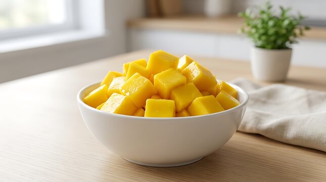 Fresh yellow mango cubes in a white bowl on a wooden kitchen table. ataulfo mango