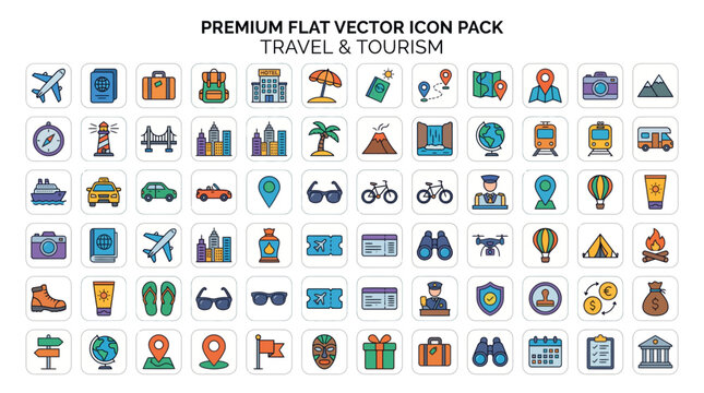 Flat travel and tourism vector icon set featuring transport vacation landmarks and outdoor recreation symbols
