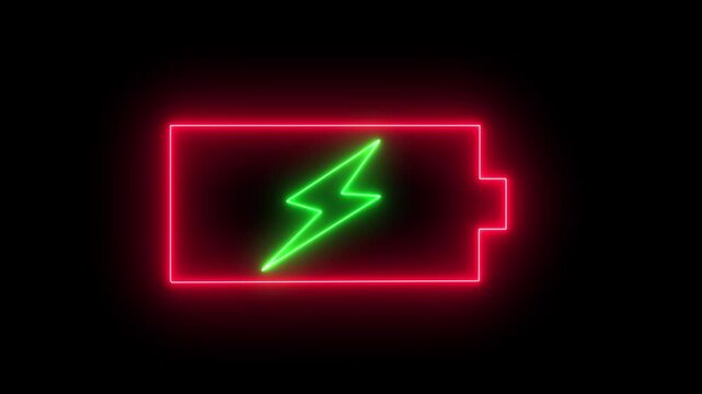 Neon battery charging icon animation on the black background. Glowing battery fast charging.4k concept