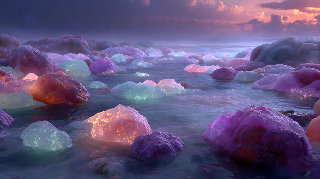 Primordial Chaos Salt Sea Creation Visual From 3000BC Sumerian Civilization, Endless Primordial Brine With Pulsing Texture Floating Star Eggs, Commercial Asset For Exhibition Textbook Film Game
