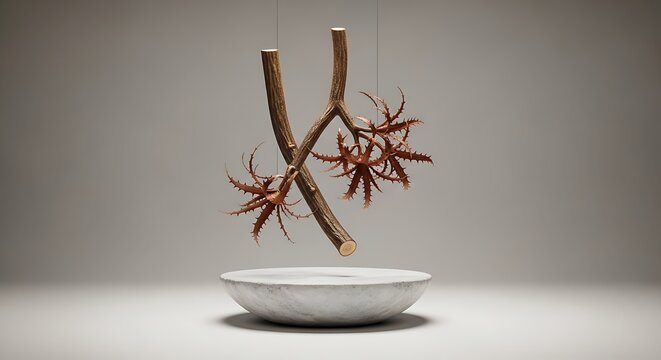 A conceptual studio representation of cissus quadrangularis vines suspended above a minimalist stone pedestal for botanical product display photography.