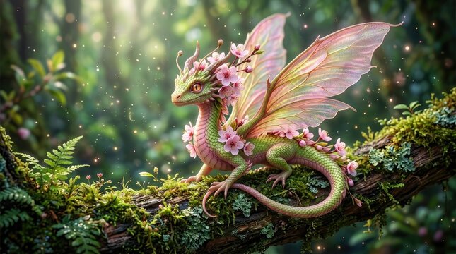 A small, adorable dragon rests on a mossy branch in a sun-dappled forest.