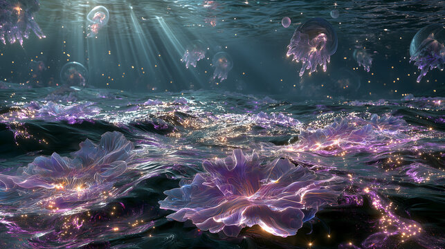 Primordial Chaos Salt Sea Creation Visual From 3000BC Sumerian Civilization, Endless Primordial Brine With Pulsing Texture Floating Star Eggs, Commercial Asset For Exhibition Textbook Film Game
