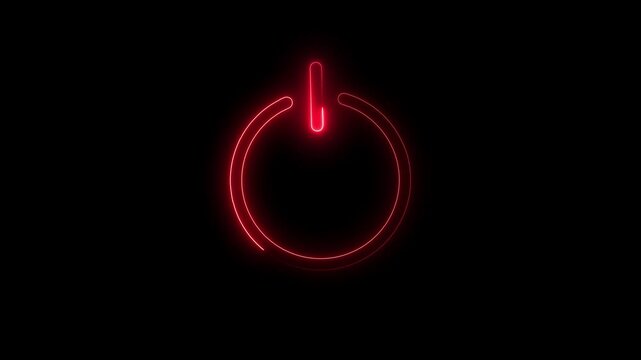 Glowing neon power reset button icon sign animation. Glowing neon line Power on off button icon on black background.