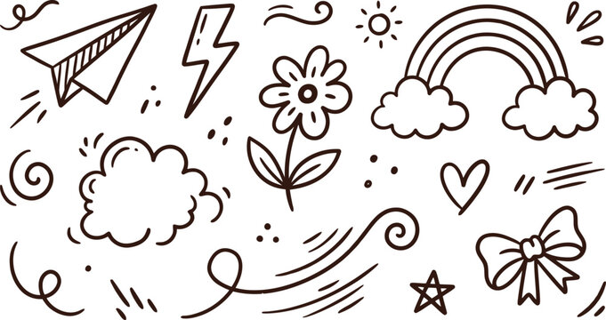 Hand drawn doodle set featuring cute icons of rainbow flower heart and paper plane on white background