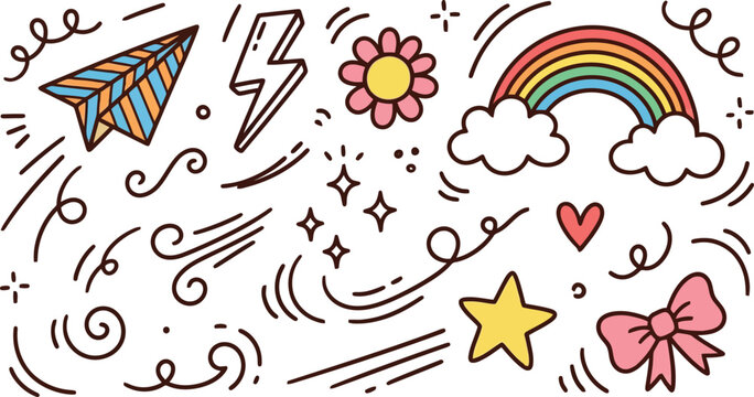 Cute colorful hand drawn doodle elements set featuring rainbow paper plane and star on white background