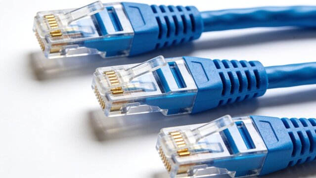 Blue ethernet network cables close up showing connectors with ethernet, internet