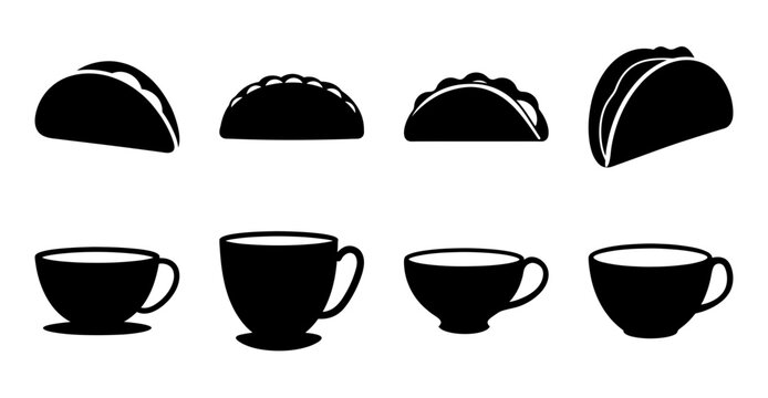 Black flat design tacos and coffee set icons - Sleek black flat icons of tacos and coffee cups, perfect for food, dining, or app design projects. Clean and modern style.