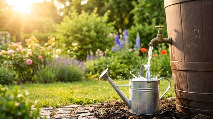 Obraz premium Metal Watering Can Filling with Water from Rain Barrel Tap in Sunny Cottage Garden